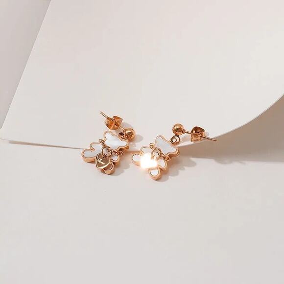 New White Shell and Color Rose Gold Bear with Heart Earrings - Picture 1 of 3
